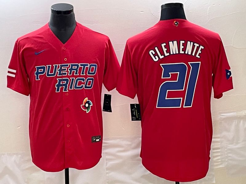 Men 2023 World Cub Puerto Rico 21 Clemente Red Nike MLB Jersey1